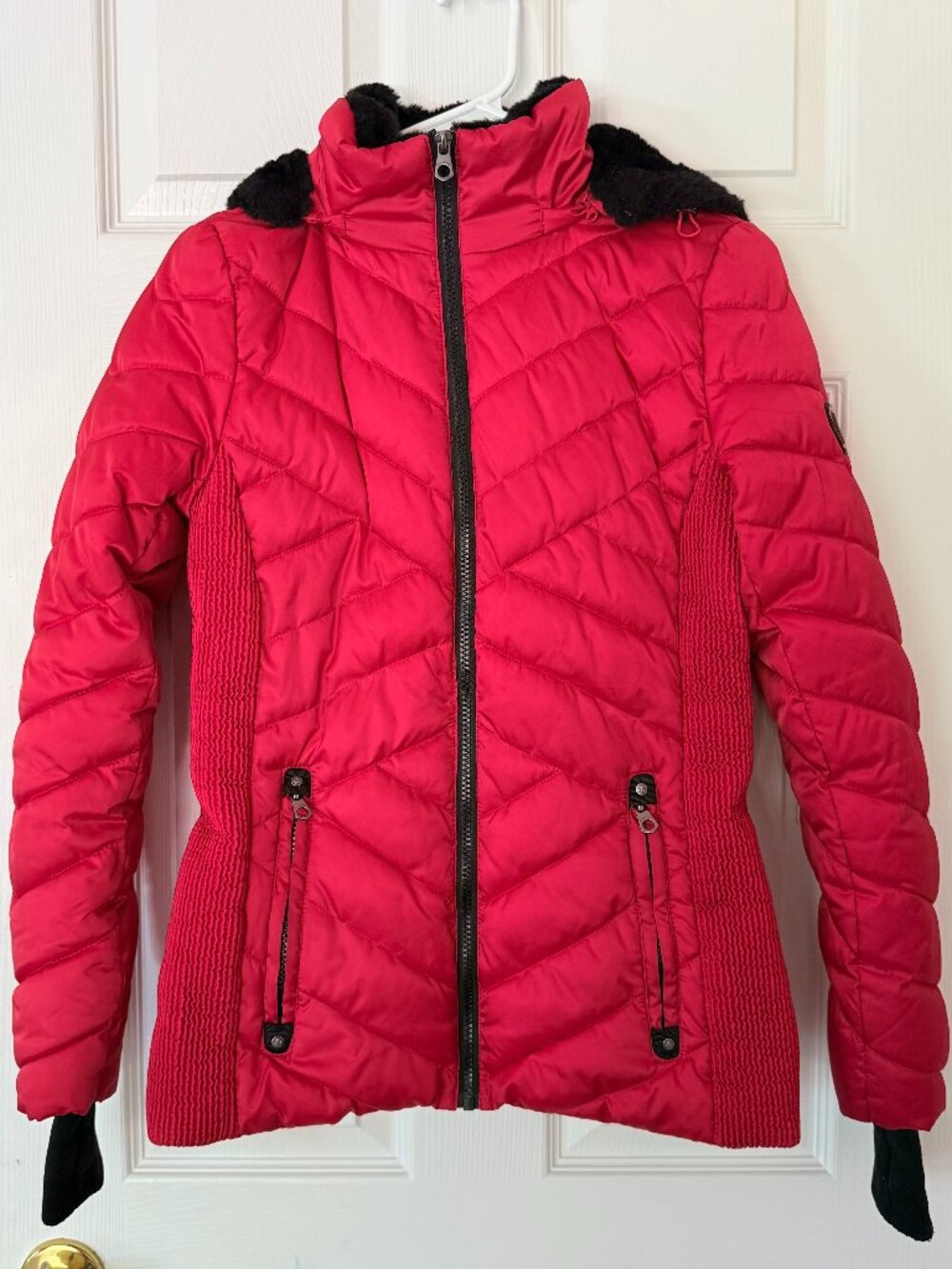 Nautica Red Quilted Puffer Jacket Faux Fur Hood Size XS